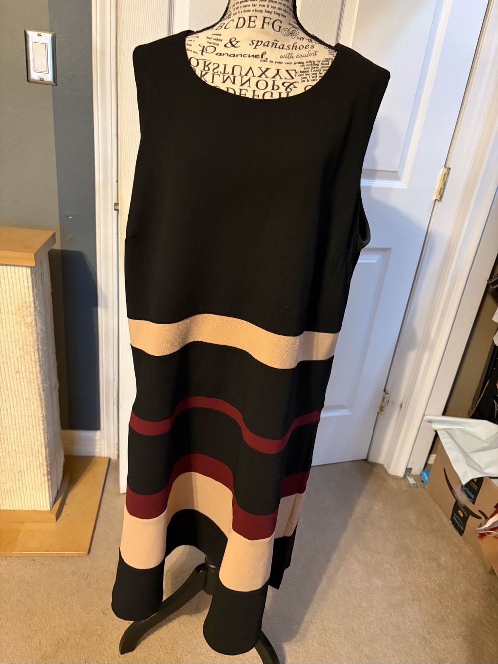 Nina Leonard Black Midi Dress with Beige and Burgundy Stripes